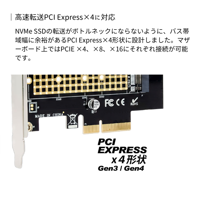 エアリア NVMeのGETA NVMe SSDをPCI Express x4に接続するためのボード