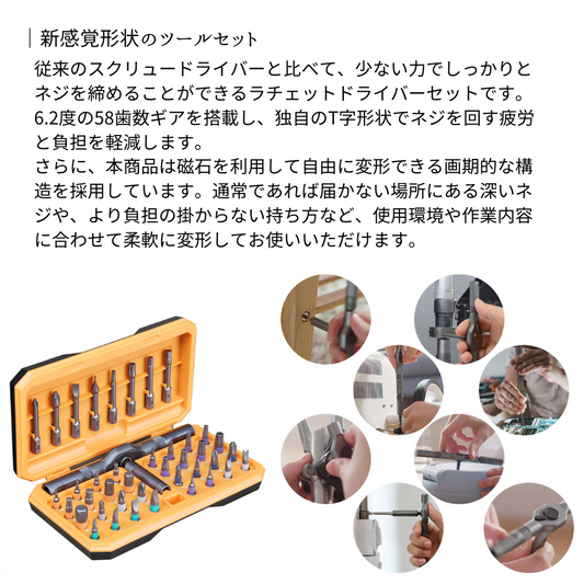 【訳あり/アウトレット】エアリア 40変形COMBINATION RACHET ヨンマル ラチェット ドライバーセット 工具セット 変形 40個のビット付属 内蔵ギアで持ち直し不要、変幻自在の形状変更 コンパクト 修理 改造 カスタマイズ 万能ツール ドライバー AR-TOOLKIT40