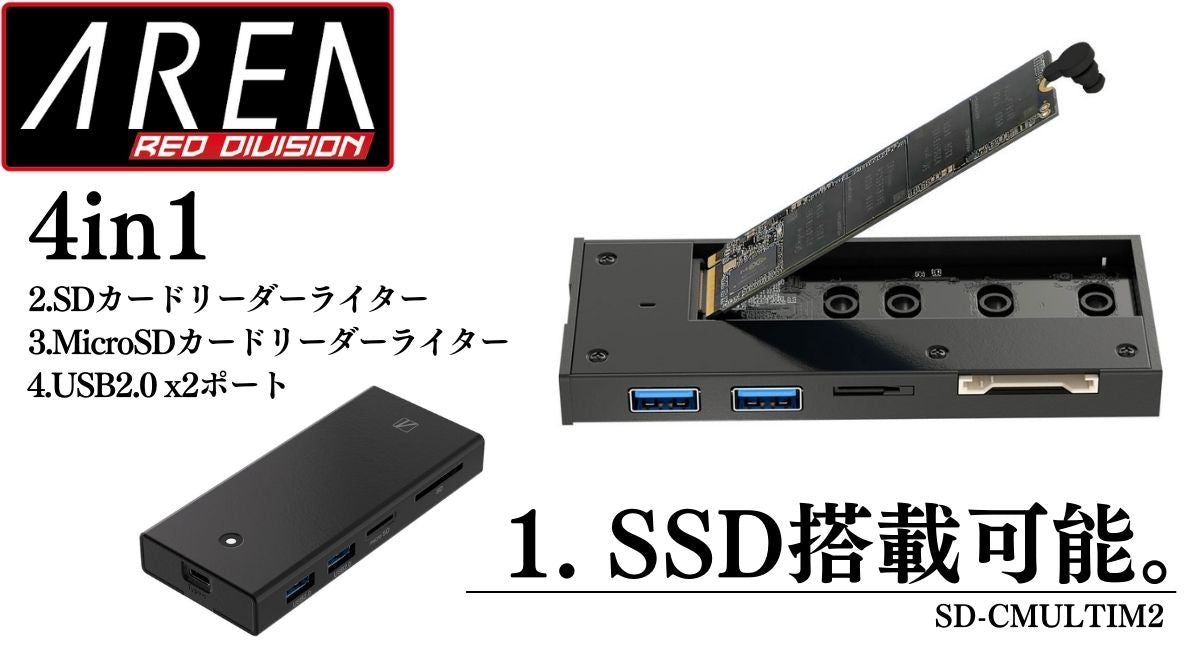エアリア M.2 SSD搭載可能な外付けマルチアダプター【MULTI COMBO ADAPTER "Type One" / SD-CMULTIM2】SSD搭載 非搭載 両モデル販売中! USB2.0x2ポート 増設 拡張 USB3.1 Gen2 高速転送 SD-CMULTIM2 タイプワン