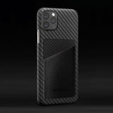 旧機種対象!棚卸SALE!【訳あり/新品】monCarbone モンカーボン HOVERSKIN iPhone 11, 11 Pro, 11 Pro Max ケース 【ステルスブラック】 カーボンケース サフィアーノレザー 背面カードケース レンズ保護 極薄 超軽量