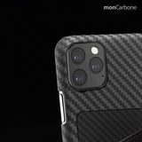 旧機種対象!棚卸SALE!【訳あり/新品】monCarbone モンカーボン HOVERSKIN iPhone 11, 11 Pro, 11 Pro Max ケース 【ステルスブラック】 カーボンケース サフィアーノレザー 背面カードケース レンズ保護 極薄 超軽量