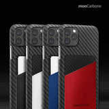 旧機種対象!棚卸SALE!【訳あり/新品】monCarbone  モンカーボン HOVERSKIN iPhone 11, 11 Pro, 11 Pro Max ケース 【ブルー】 カーボンケース サフィアーノレザー 背面カードケース レンズ保護 極薄 超軽量