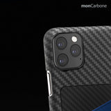 旧機種対象!棚卸SALE!【訳あり/新品】monCarbone  モンカーボン HOVERSKIN iPhone 11, 11 Pro, 11 Pro Max ケース 【ブルー】 カーボンケース サフィアーノレザー 背面カードケース レンズ保護 極薄 超軽量