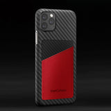 旧機種対象!棚卸SALE!【訳あり/新品】monCarbone HOVERSKIN iPhone 11, 11 Pro, 11 Pro Max ケース 【レッド】 カーボンケース サフィアーノレザー 背面カードケース レンズ保護 極薄 超軽量