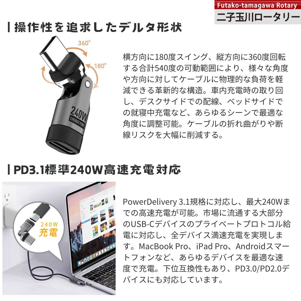 エアリア 世田谷電器 二子玉川ロータリー 東京インター Type-C アダプター 最大240W充電 USB PD対応 スイング 回転 ガジェット 便利グッズ 充電 ケーブル断線防止 AR-C240SW AR-C240MG3