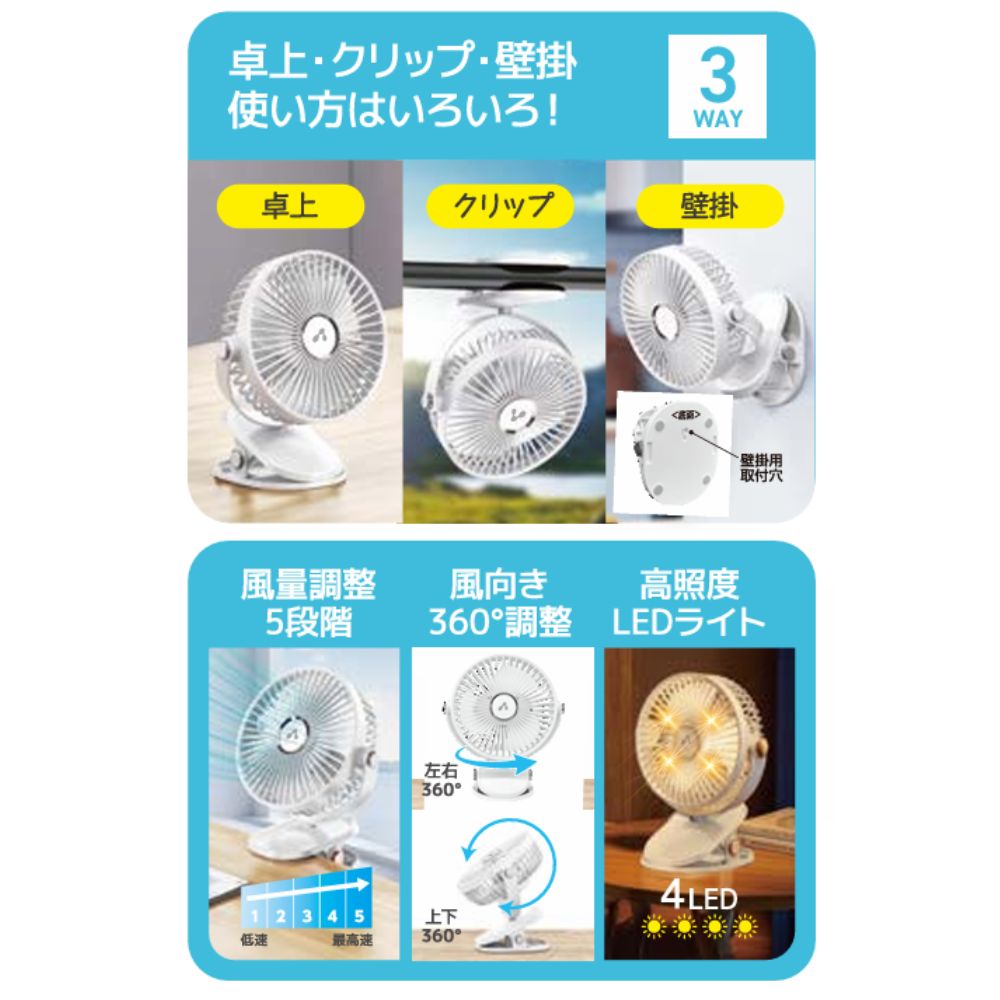 【direct！choice】エアージェイ 準固体電池 卓上 クリップ 壁掛け 3way ファン ミニ扇風機 スタンド 充電式 USB A to C 涼しい 次世代 発火しない 安全 準固体電池 軽量 ホワイト 耐久性 暑さ対策 猛暑対策 デスク周り 冷却 ひんやり 快適 グッズ  AHF-SST1Z