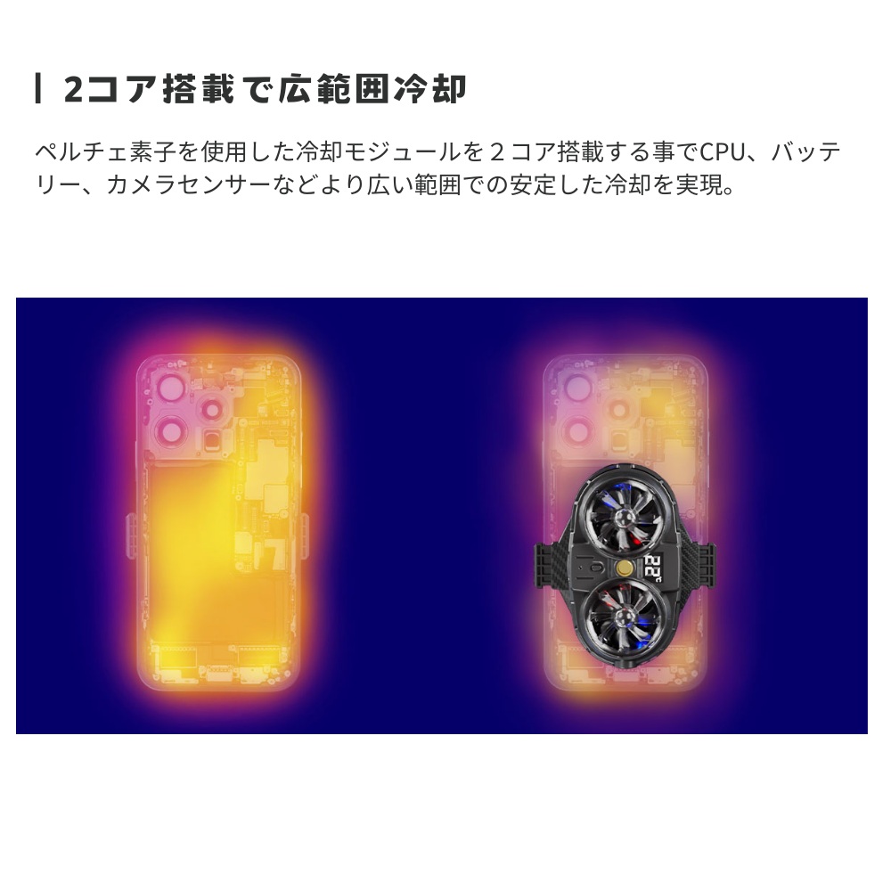 エアリア  ペルチェ素子2コア搭載、広範囲でスマホを冷却 PELTIER RADIATOR  スマホ冷却 スマホクーラー ホールド式 LED表示で冷却を実感 温度表示 半導体冷却システム 静音 熱落ち ラグ防止 簡単取付 MS-COOLG2