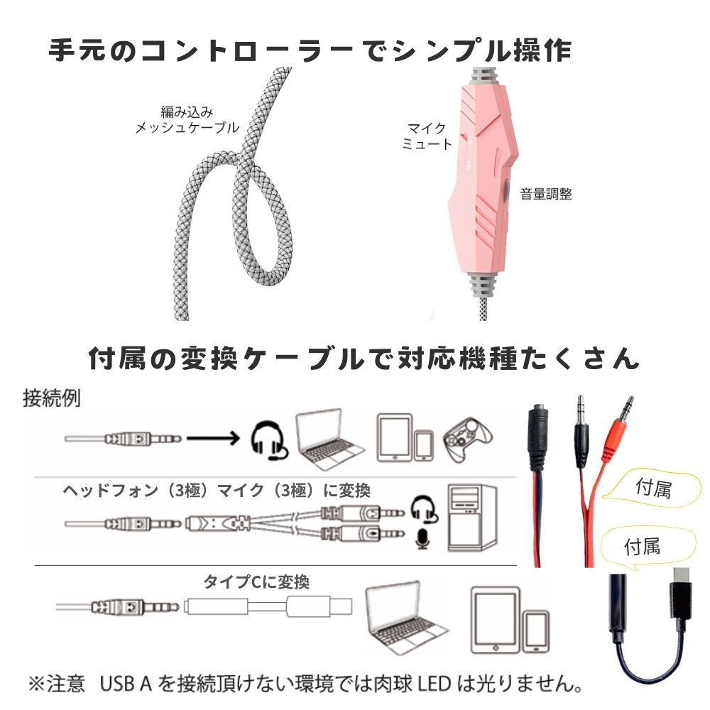 エアリア ネコミミ 可愛いゲーミングヘッドホン 配信 通話 音楽に ゆめかわカラー RGBライト パステルカラー 3.5mm 有線ヘッドフォン マイク付き ライブ配信 猫耳 かわいい キュート プレゼント ギフト iPhone タイプC変換 付属 パソコン 4極 3極変換 可愛い MIMI-01