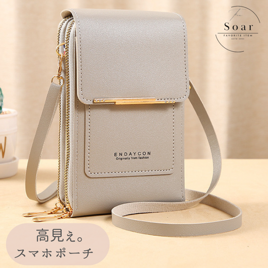 Soar ｜スマホを入れたまま操作できる、多機能ショルダーポーチ｜ ソア ショルダーポーチ ポーチ ポシェット ショルダー ストラップ バッグ ミニバック 小物入れ スマホポーチ 肩掛け 可愛い 上品 高見え 便利 持ち運び お出かけ ショッピング ブランド レディース かわいい 携帯 おしゃれ ゴールド 女子 斜めがけ 仕事 iPhone15