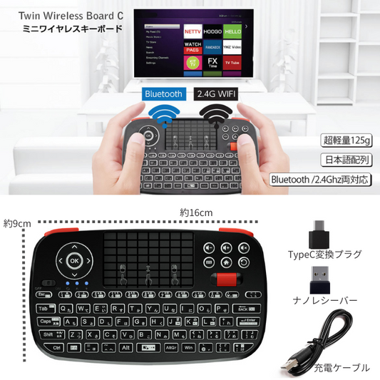 エアリア 【 Twin Wireless Board C 】2つのワイヤレス接続方法、Type-C変換付属のミニマルチメディアキーボード 超小型 ミニワイヤレスキーボード Bluetooth 2.4GHz通信 ダブルワイヤレス PC対応 Android対応 iPhone対応 日本語キー入力対応 SD-KB24GBT(C)