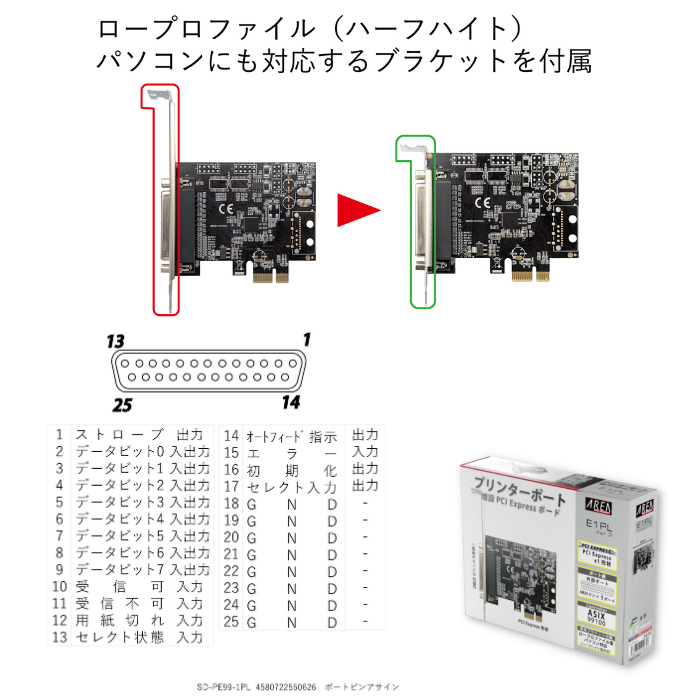 エアリア プリンタポート増設PCI Expressボード E1PL Ver.2　SD-PE99-1PL  Windows11 WindowsXP 対応