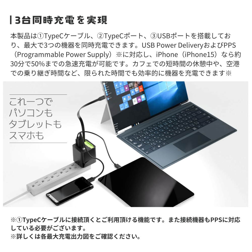 エアリア ARberos エアベロス　PD65W対応 ３台同時充電対応 見えるLED ワット表示 巻取り式80cmケーブル内蔵 AC充電器 パワフル 旅行 出張 ノートパソコン スイッチSD-AC65CCA