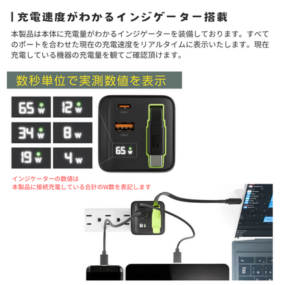 エアリア ARberos エアベロス　PD65W対応 ３台同時充電対応 見えるLED ワット表示 巻取り式80cmケーブル内蔵 AC充電器 パワフル 旅行 出張 ノートパソコン スイッチSD-AC65CCA