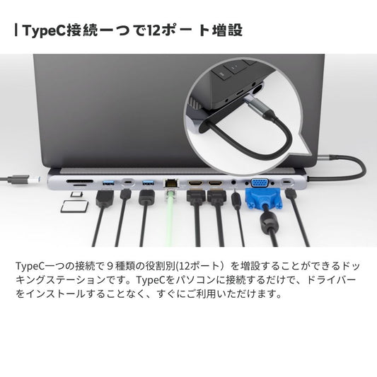 TypeC接続 ドッキングステーション REVERSIBLE TWELEVE ノートパソコン VGA タイプC HDMI USB SD/MicroSDカードリーダー 3.5mmAudio LAN PD 最大100W 増設 リバーシブル SD-CMULTIDX01