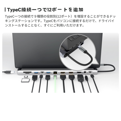 【訳あり/アウトレット】エアリア TypeC接続 ドッキングステーション REVERSIBLE TWELEVE Ver.DP　ノートパソコン タイプC 4K HDMI DP USB SD/MicroSDカードリーダー 3.5mmAudio LAN PD 最大100W 増設 リバーシブル SD-CMULTIDX02