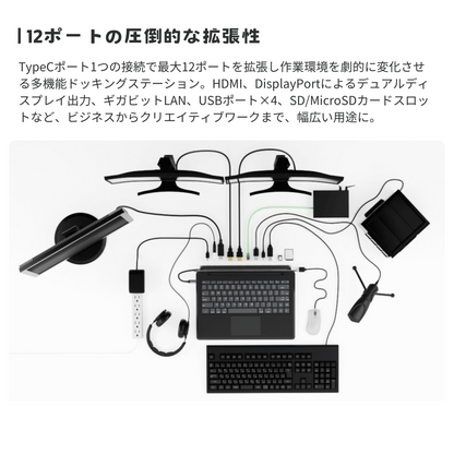 【訳あり/アウトレット】エアリア TypeC接続 ドッキングステーション REVERSIBLE TWELEVE Ver.DP　ノートパソコン タイプC 4K HDMI DP USB SD/MicroSDカードリーダー 3.5mmAudio LAN PD 最大100W 増設 リバーシブル SD-CMULTIDX02