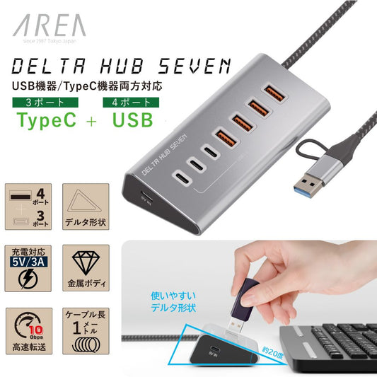エアリア USB3.2 DELTA HUB SEVEN USBハブ 7ポート 高速10Gbps転送 TypeC×3 USB×4 デルタ形状 金属ボディ ナイロンケーブル ACアダプター不要 USBハブ 7ポート 高速転送10Gbps デスク周り 軽量 コンパクト windows Mac 持ち運び デルタハブセブン SD-HC3A4