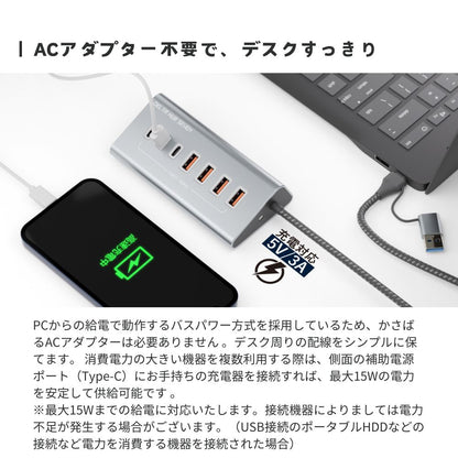 エアリア USB3.2 DELTA HUB SEVEN USBハブ 7ポート 高速10Gbps転送 TypeC×3 USB×4 デルタ形状 金属ボディ ナイロンケーブル ACアダプター不要 USBハブ 7ポート 高速転送10Gbps デスク周り 軽量 コンパクト windows Mac 持ち運び デルタハブセブン SD-HC3A4