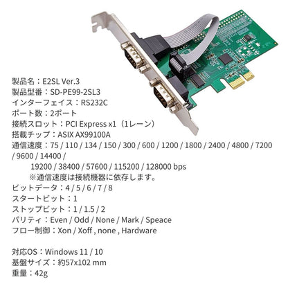 エアリア PCI Express シリアルポート 増設ボード RS232C×2ポート E2SL Ver.3 SD-PE99-2SL3 Windows11/10対応 ロープロファイル対応