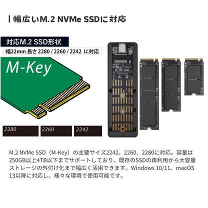 エアリアAREA 【USB3.2 Gen2 10Gbps】M.2 NVMe 外付けSSDケース SD-CM2DP-B｜S.M.A.R.T情報表示対応 高速データ転送 放熱メタルボディ 2242/2260/2280対応