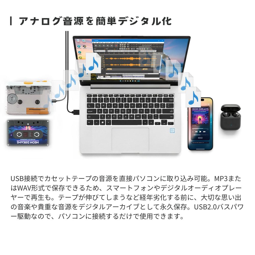 エアリア ニューカセッピ カセットテープ デジタル化 USBでパソコン取込 MP3変換 カセットプレーヤー ポータブル再生 2Way オートリバース Audacity対応 カセット テープ カセッピ ニューカセッピ caseepi SD-U2CCA-01