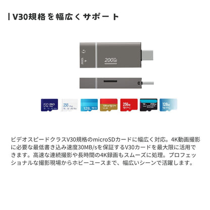 エアリア  KIZUNA4 TypeC接続４in１MicroSDカードリーダーライター　microSD／microSDHC／microSDXC対応　UHS-I（V30）高速転送対応 PD100W急速充電対応USB-Cポート搭載 3.5mmオーディオ端子搭載 軽量 高耐久 アルミ合金ボディLED点灯 ストラップホール SD-UCCRA