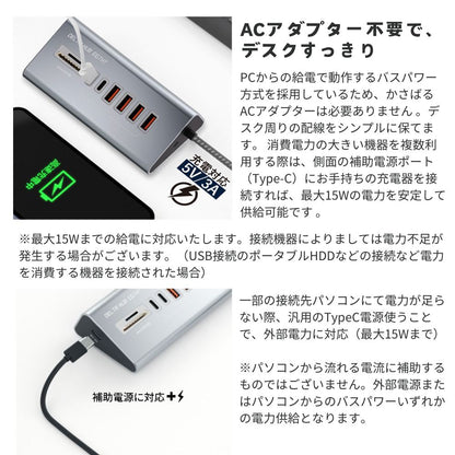 エアリア USB3.2 DELTA HUB EIGHT USBハブ 8ポート 高速10Gbps転送 TypeC×2 USB×4 MicroSD/SD カードリーダー＆ライター デルタ形状 金属ボディ ナイロンケーブル ACアダプター不要 デスク周り 軽量 コンパクト windows Mac 持ち運び デルタハブエイト SD-HC2A4-CR