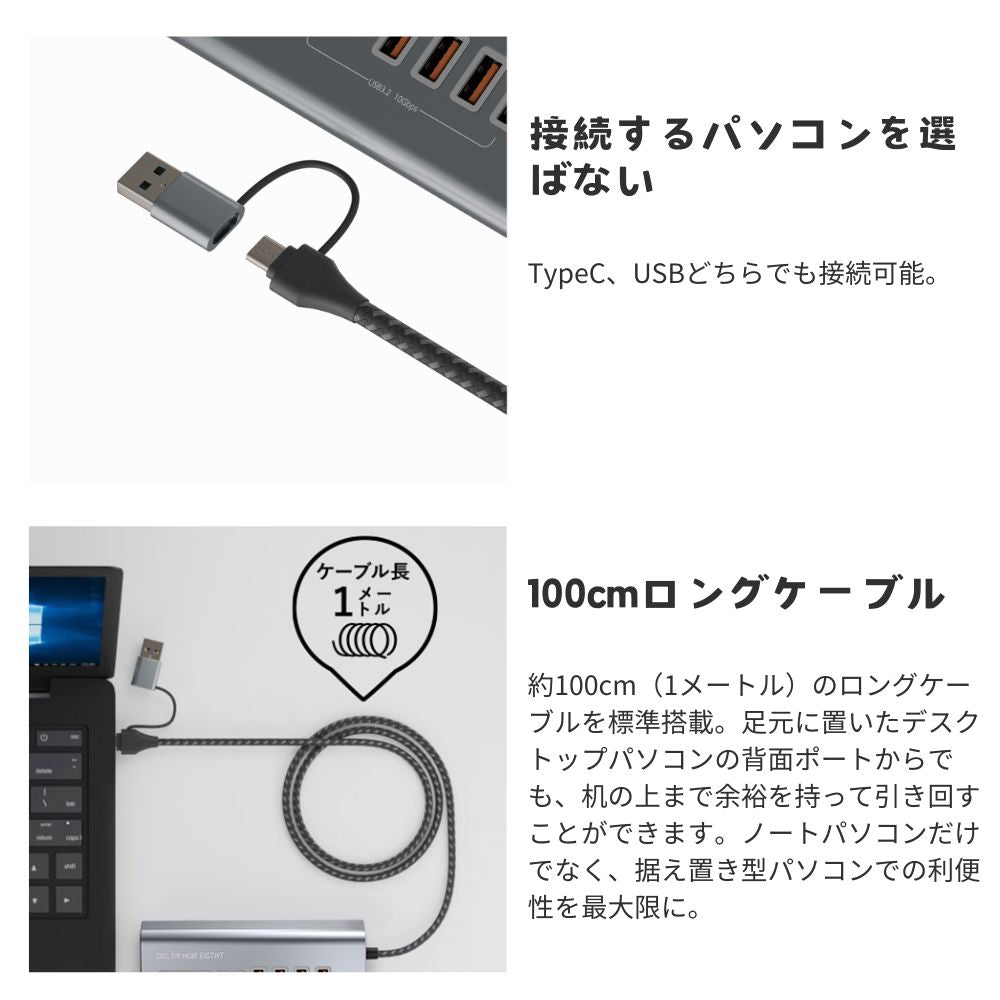 エアリア USB3.2 DELTA HUB EIGHT USBハブ 8ポート 高速10Gbps転送 TypeC×2 USB×4 MicroSD/SD カードリーダー＆ライター デルタ形状 金属ボディ ナイロンケーブル ACアダプター不要 デスク周り 軽量 コンパクト windows Mac 持ち運び デルタハブエイト SD-HC2A4-CR