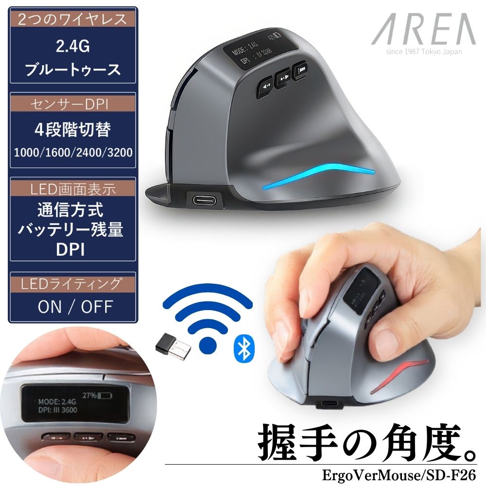 エアリア エルゴノミクス 縦型マウス ワイヤレス ErgoVerMouse SD-F26
