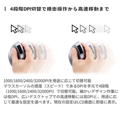 エアリア  エルゴノミクス 縦型マウス ワイヤレス ErgoVerMouse SD-F26 LCDディスプレイ搭載 Bluetooth / 2.4GHz DPI4段階切替 充電式 手首負担軽減