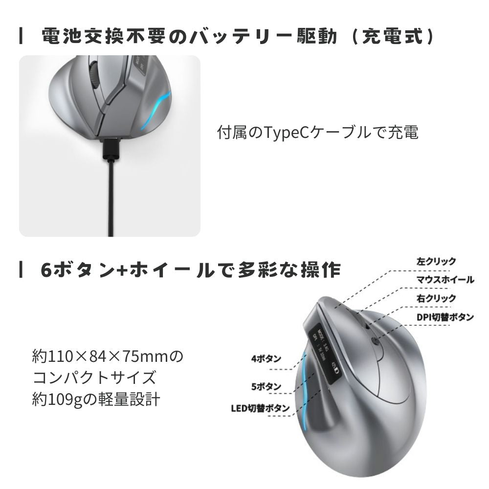 エアリア  エルゴノミクス 縦型マウス ワイヤレス ErgoVerMouse SD-F26 LCDディスプレイ搭載 Bluetooth / 2.4GHz DPI4段階切替 充電式 手首負担軽減