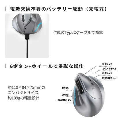 エアリア  エルゴノミクス 縦型マウス ワイヤレス ErgoVerMouse SD-F26 LCDディスプレイ搭載 Bluetooth / 2.4GHz DPI4段階切替 充電式 手首負担軽減