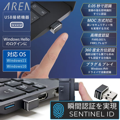 【メーカー直営店】 エアリア SENTINEL ID 指紋認証 USB Windows Hello 対応 指紋ログイン セキュリティキー 小型 高速認証 0.05秒 MoC方式 最大10件登録 Windows11 Windows10 対応 SENTINEL ID センチネルアイディー SD-FINGER01-B