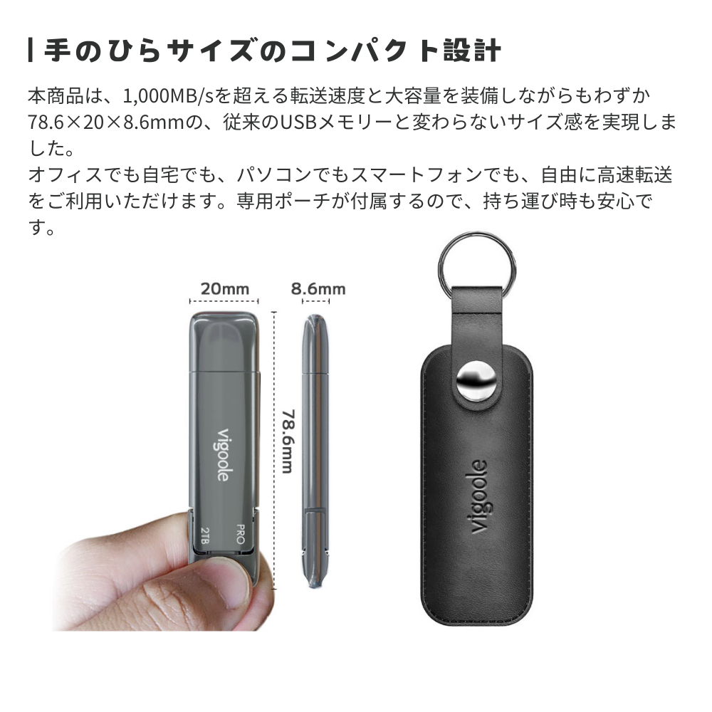 Vigoole ビグール USB SSD DRIVE 1TB 2TB 大容量 TypeC USB どちらでも接続 NVMe SSDで実測1,000MB/sを実現する次世代転送 発熱を効率良く冷却する金属ボディ USB3.2 GEN2 外付けSSD 持ち運び シンプル コンパクト windows11 Mac iPad iPhone android エアリア