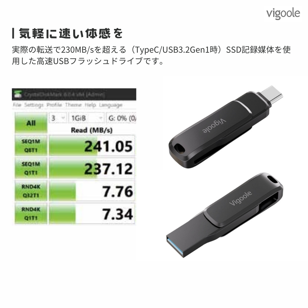 Vigoole ビグール 256GB 高速USBフラッシュドライブ 大容量 TypeC USB