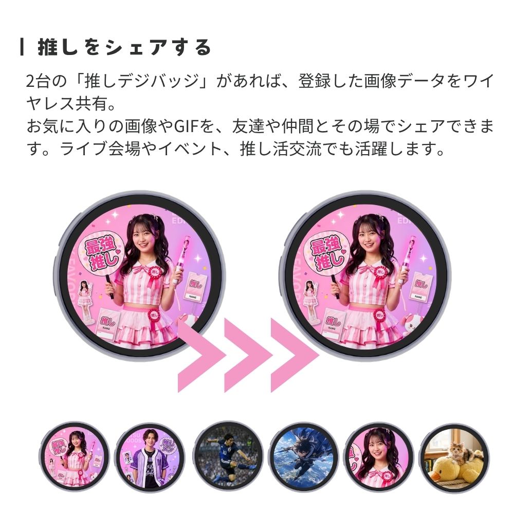 【GIF動画対応】推しデジバッジ デジタル缶バッジ 1.8インチ IPS液晶 ワイヤレス転送 Bluetooth 推し活 痛バッグ タッチ切替 マグネット スタンド搭載