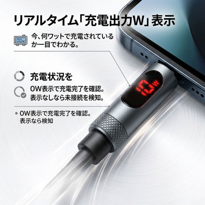 （予約9/30発売予定）エアリア DIGITAL TUBE USB Type-C ケーブル 最大240W PD3.1対応 タフ 高耐久 太め 柔らかい 充電出力デジタル表示 Type-C to Type-C E-Marker リキッドシリコン 高耐久 120cm 200cm 急速充電 iPhone18pro ノートPC スマホ タブレット対応 MS-CC240M