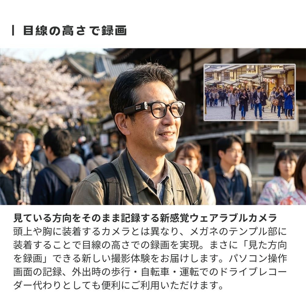 エアリア  カムグラッシーズ ウェアラブルカメラ メガネ装着 目線録画 フルHD 1080P 液晶搭載 WiFi対応 小型カメラ ハンズフリー撮影 SD-GCAM CAM-GLASSES 作業記録 釣り DIY ドライブ