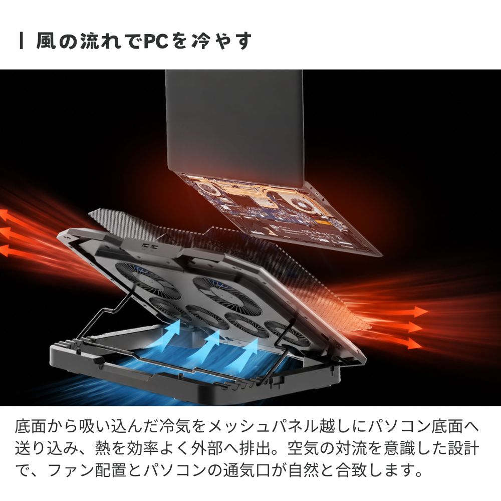 エアリア TWO PLUS FOUR ツープラフォー ノートPCクーラー 冷却スタンド 17インチ対応 6基FAN搭載 大型ノート対応 LEDライト 7段階角度調整 USB給電 ゲーミングノート対応 SD-NOTECOOL02