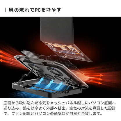 エアリア TWO PLUS FOUR ツープラフォー ノートPCクーラー 冷却スタンド 17インチ対応 6基FAN搭載 大型ノート対応 LEDライト 7段階角度調整 USB給電 ゲーミングノート対応 SD-NOTECOOL02