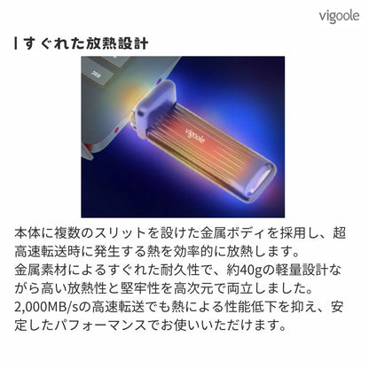 Vigoole ビグール スティック型ポータブルSSD 1TB 2TB 大容量 TypeC 2,000MB/sを実現する次世代転送 発熱を効率良く冷却する金属ボディ USB3.2 GEN2x2 外付けSSD 持ち運び シンプル コンパクト windows Mac iPad iPhone android ストレージ問題