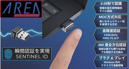 【メーカー直営店】 エアリア SENTINEL ID 指紋認証 USB Windows Hello 対応 指紋ログイン セキュリティキー 小型 高速認証 0.05秒 MoC方式 最大10件登録 Windows11 Windows10 対応 SENTINEL ID センチネルアイディー SD-FINGER01-B