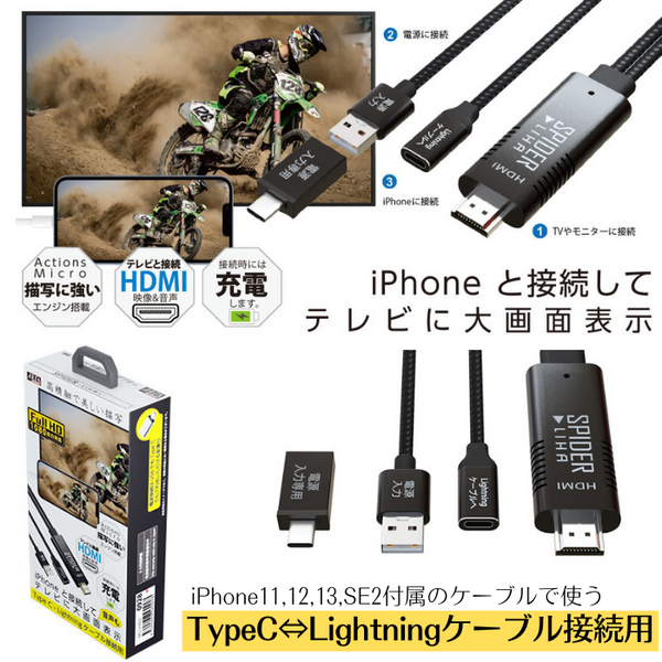 エアリア LIHA05 TypeC-Lightning iPhone13 12 11 SE2 付属ケーブルがそのまま使える  iPhoneを接続しHDMIでテレビやモニターに大画面表示 iPhone 音声 映像 1080出力 FullHD 高精細  電源専用USB-TypeC変換コネクタ付