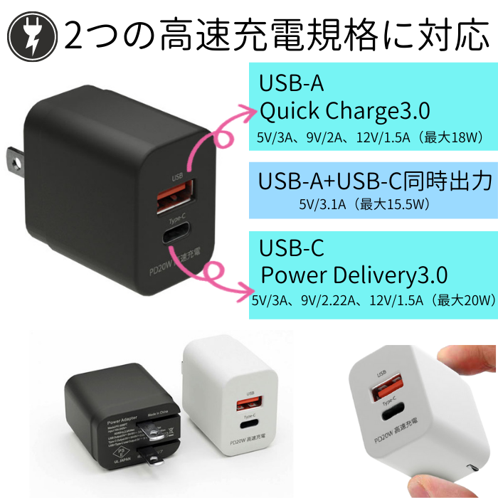 エアリア 20W高速充電 TypeC USB ACアダプター 18AC QC3.0 PD3.0 2つの