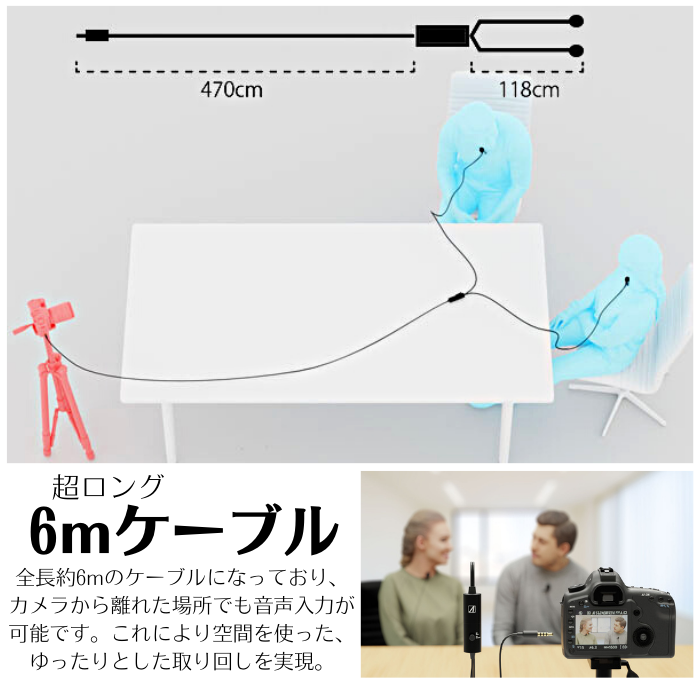 エアリア 3.5mm デュアルピンマイク ピンマイク 高性能 全指向性 マイク チャット 二股 プラグインパワーにも対応 電池 約6ｍの ロングケーブル 6.3mm変換プラグ付属 スマホ PC カメラ SD-PiZWEI-B