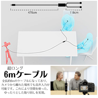 エアリア 3.5mm デュアルピンマイク ピンマイク 高性能 全指向性 マイク チャット 二股 プラグインパワーにも対応 電池 約6ｍの ロングケーブル 6.3mm変換プラグ付属 スマホ PC カメラ SD-PiZWEI-B