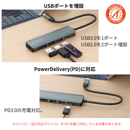 エアリア TypeC接続 マルチアダプター HDMI映像出力 USB3.0 2.0 増設 PD3.0 Windows Mac OS 対応 3RANGERS POWER DELIVERY SD-UCHHPD1
