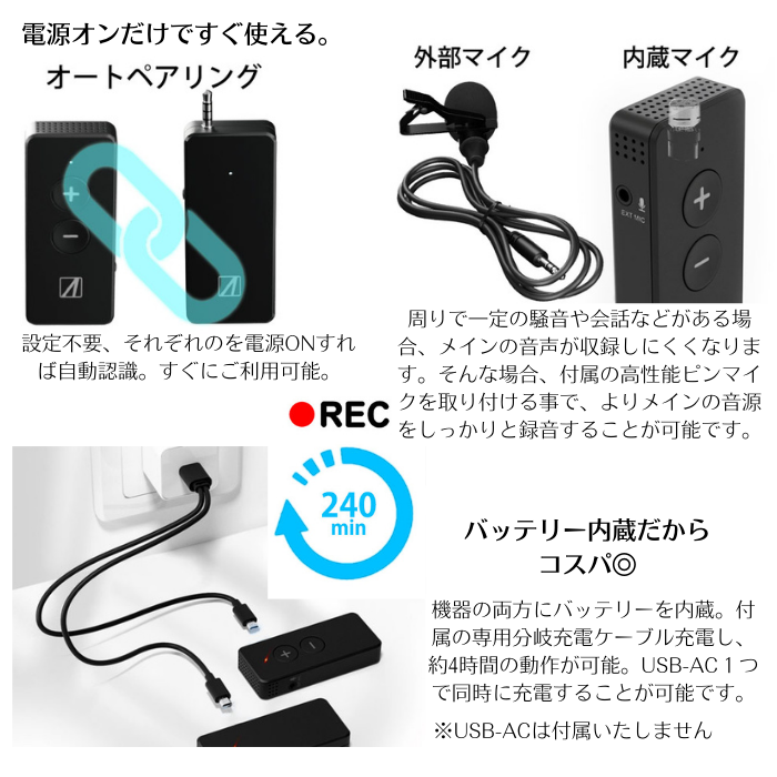 エアリア ワイマクC アンドロイドスマホ用 android ワイヤレスマイク SD-WMIC-TC　WIMIC( ワイマク ）TypeC変換付 配信 動画撮影 アクション撮影 配信 録音 最大20m ピンマイク付属