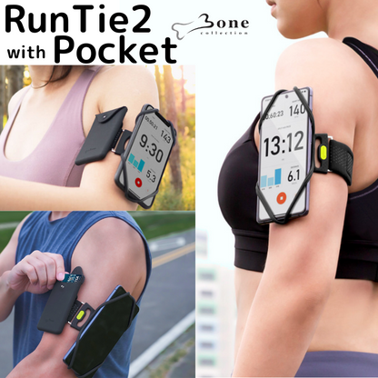 RunTie2 with Pocket ランニング スマホ アームバンド タッチ操作OK 指紋認証  洗える 清潔軽量 通気性抜群 簡単着脱 調節可 マルチ スマートフォン用 4.7~7.2インチ対応 鍵 カード収納 ウォーキング マラソン スポーツ Bonecollection