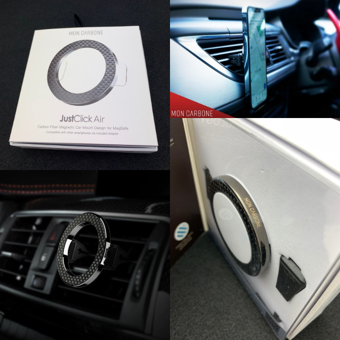 国内正規代理店 Moncarbone JustClickAir MagSafe対応 マグネット 吸着式 マウンター iPhone13 12 車載 エアコンフィン ダッシュボード 縦置き 横置き ワンタッチ ミリタリー カーボン 高級車 車載ホルダー monCarbone